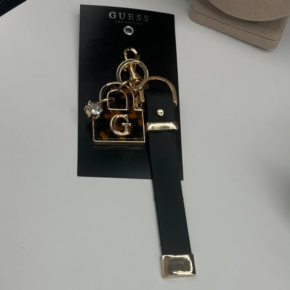 GUESS Gold and Black 'G' Charm Keyring with Crystal Accent